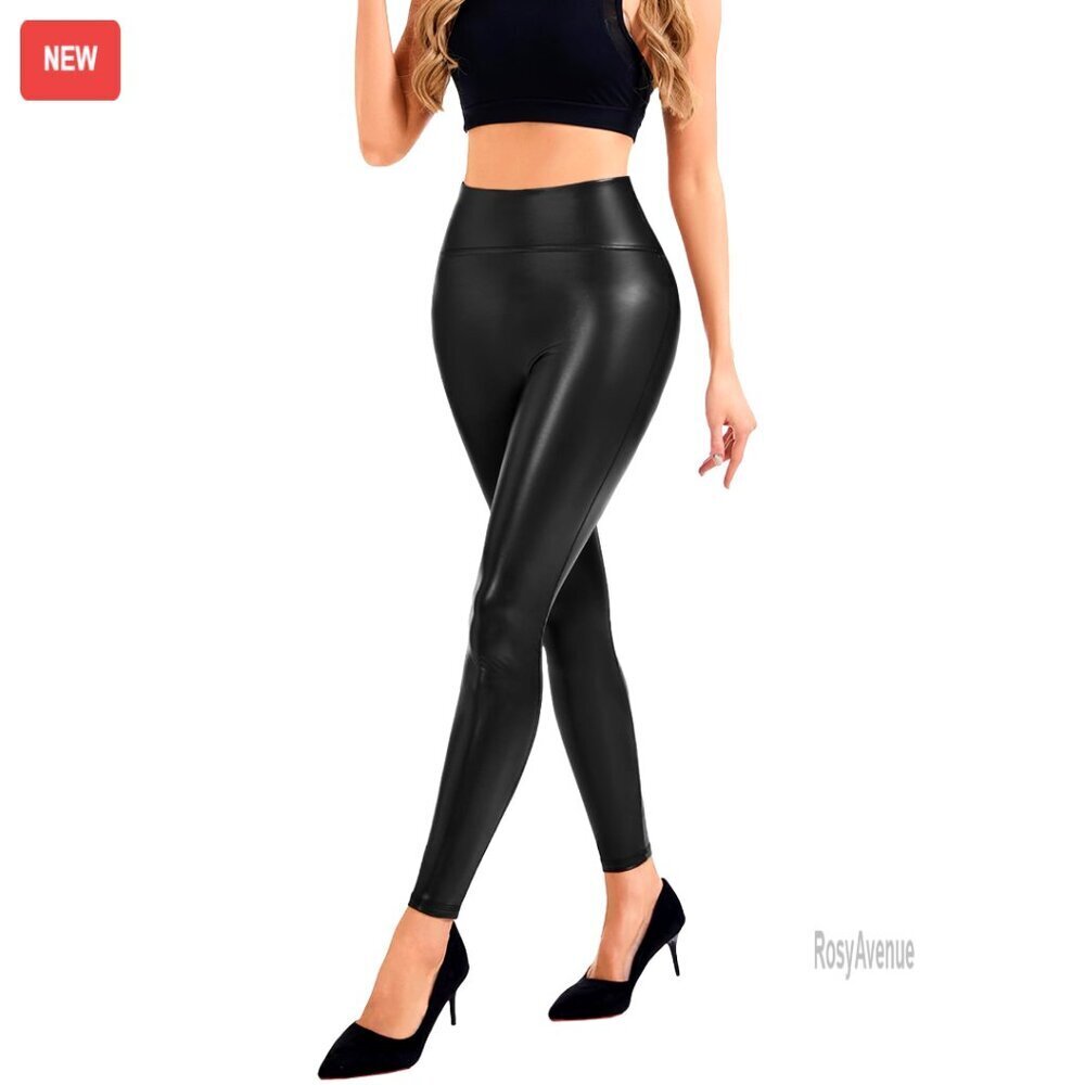 Faux Leather Leggings Tummy Control High Waist Stretch PU Tights Slim Fit